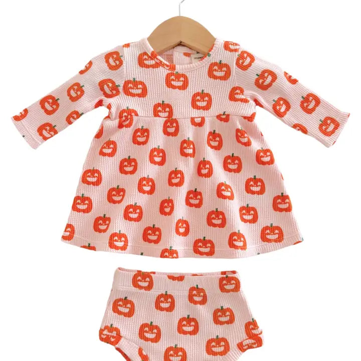 Organic Waffle Simple Dress & Bloomer, Blush Jack-O-Lantern