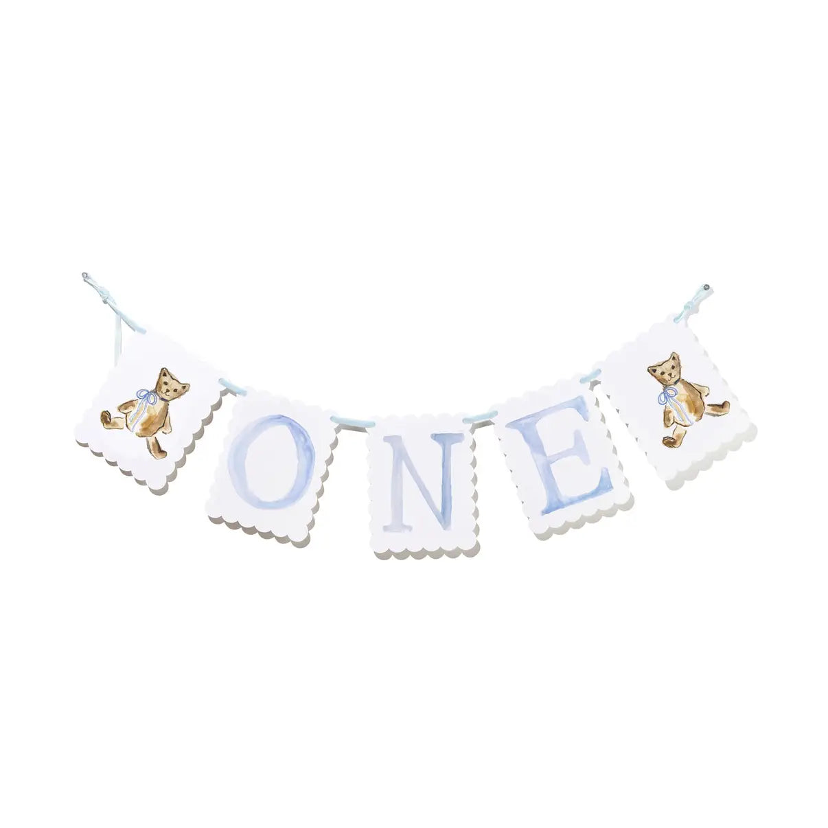 "One" Highchair Banner with Blue Teddy Bear End Pieces