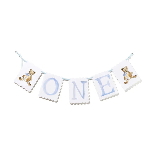 "One" Highchair Banner with Blue Teddy Bear End Pieces