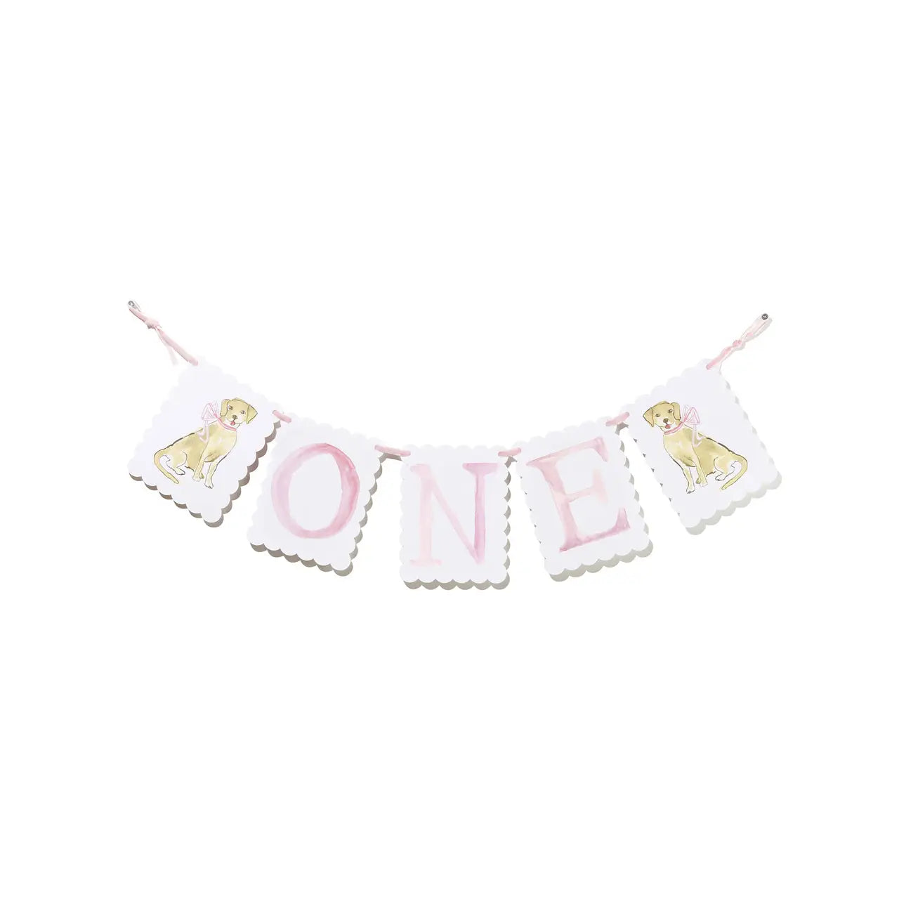 "One" Highchair Banner with Pink Bow/Puppy Dog End Pieces