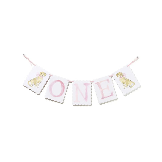 "One" Highchair Banner with Pink Bow/Puppy Dog End Pieces