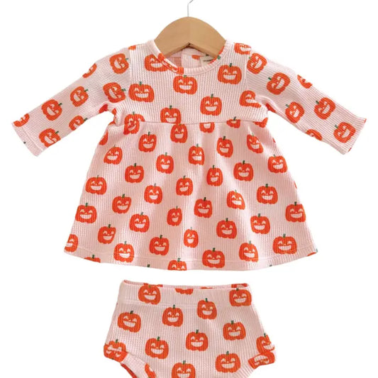 Organic Waffle Simple Dress & Bloomer, Blush Jack-O-Lantern