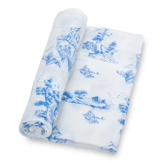 Blue Chinioserie Muslin Blanket